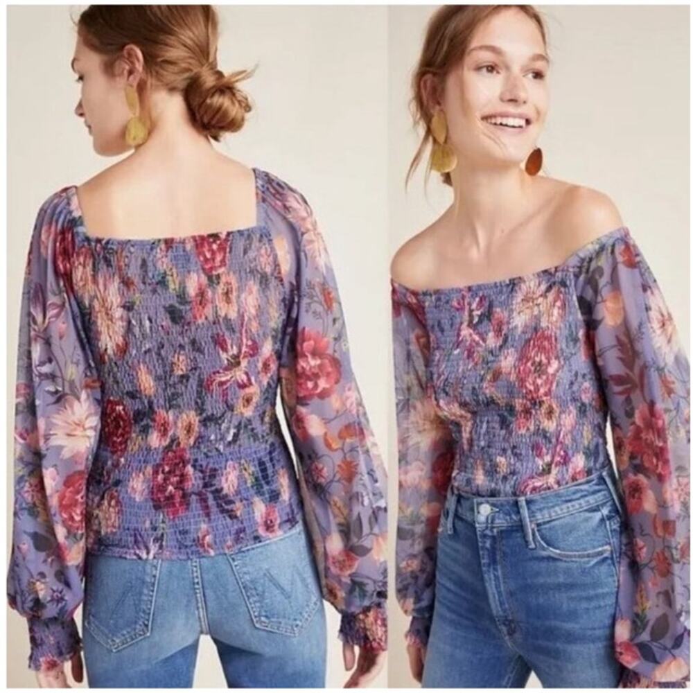 Anthropologie Rouen Floral Long Sleeve Top Blouse Ruched Smock Sheer Size Small